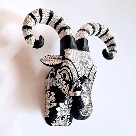 Black & White Ram Head Handcrafted Wooden Wall Art